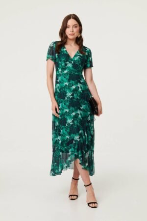 Floral Semi Sheer Frilled Hem Maxi Dress