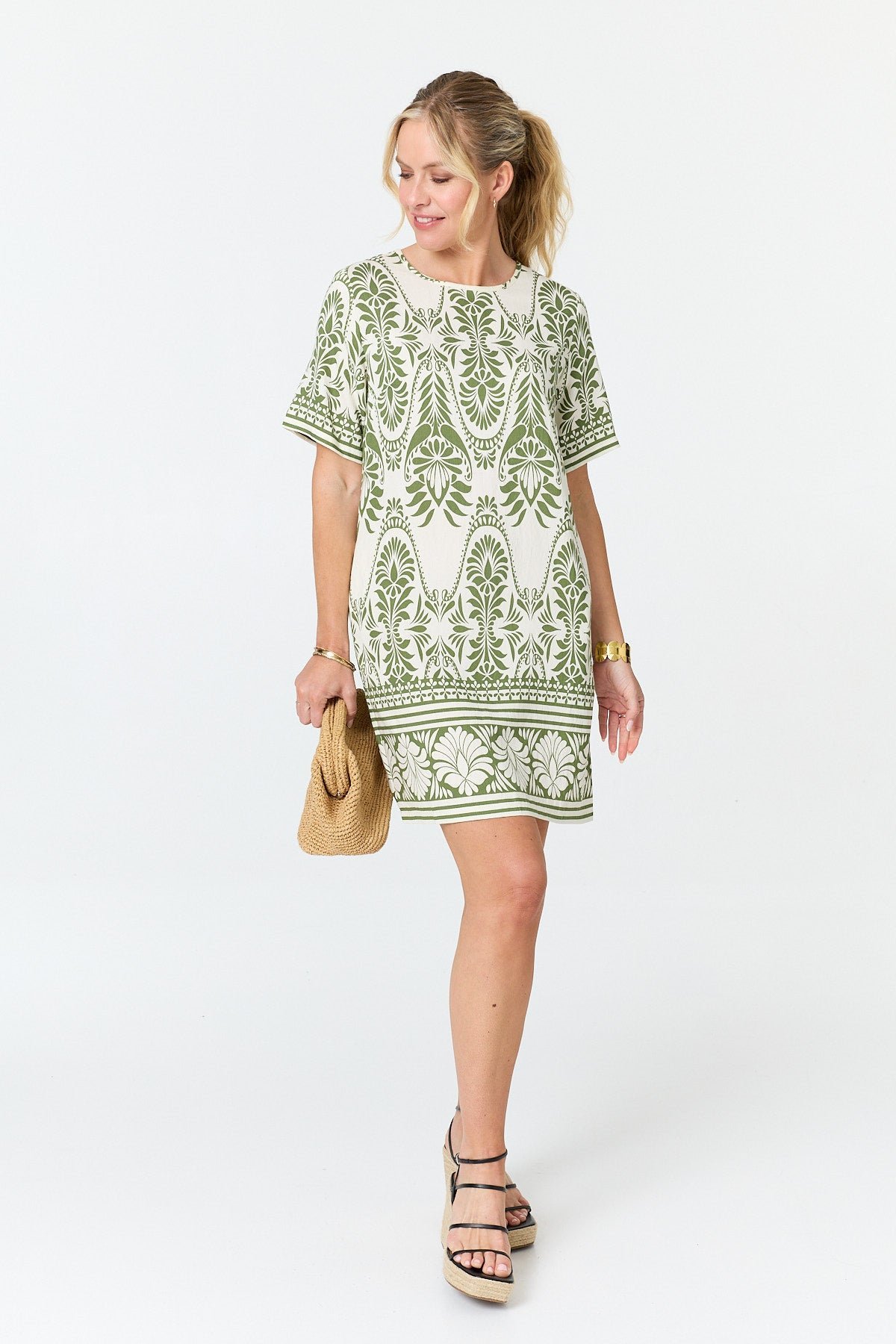 Printed 1/2 Sleeve Short Shift Dress