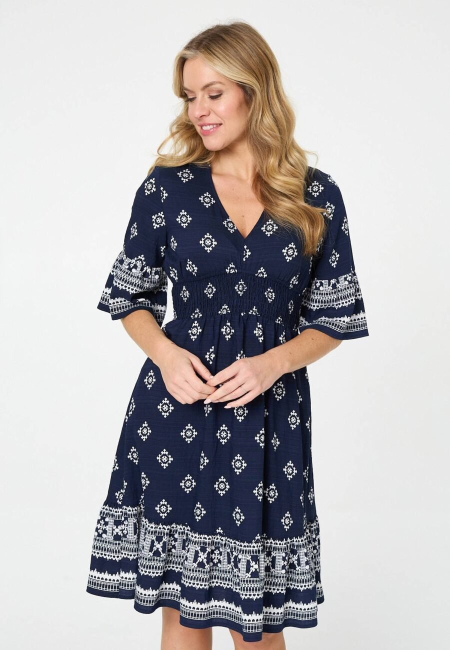 Border Print V-Neck Knee Length Dress