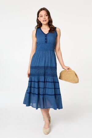 Embroidered Tiered Sleeveless Midi Dress