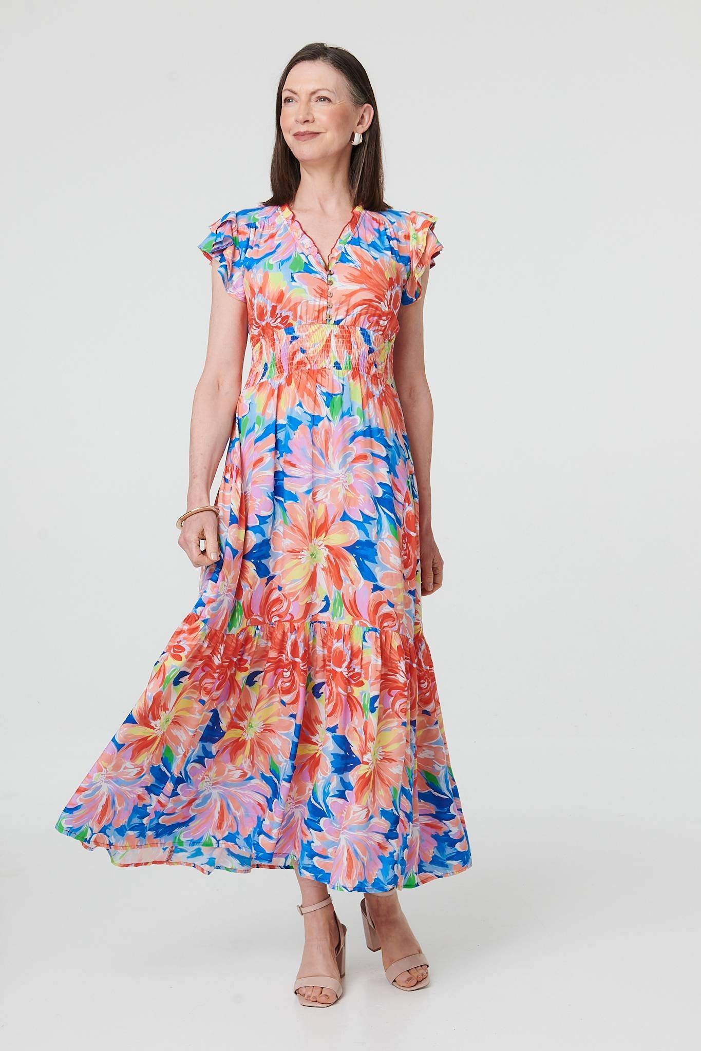 Floral Cap Sleeve Maxi Shirred Dress