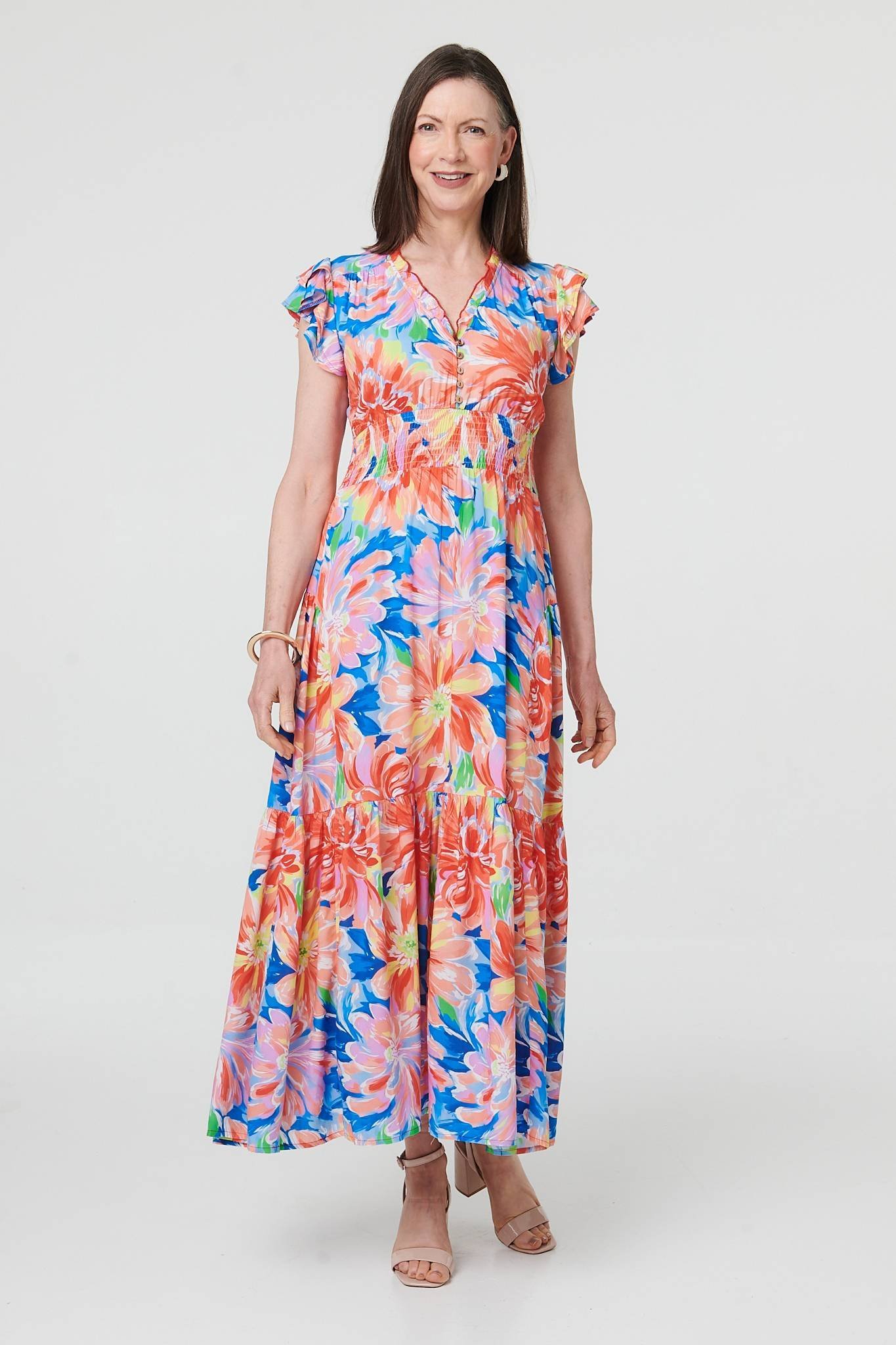 Floral Cap Sleeve Maxi Shirred Dress - Image 6