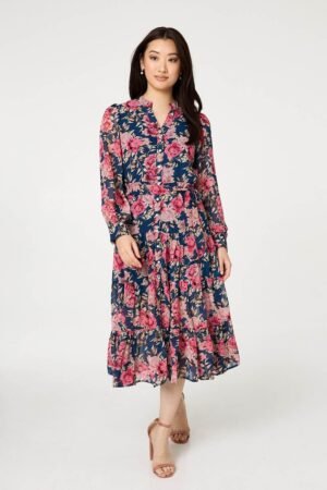Floral Tie Waist Relaxed Tier Midi Dress