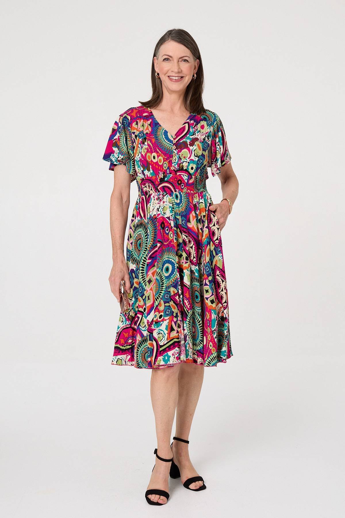 Abstract Print V-Neck Knee Length Dress - Image 2