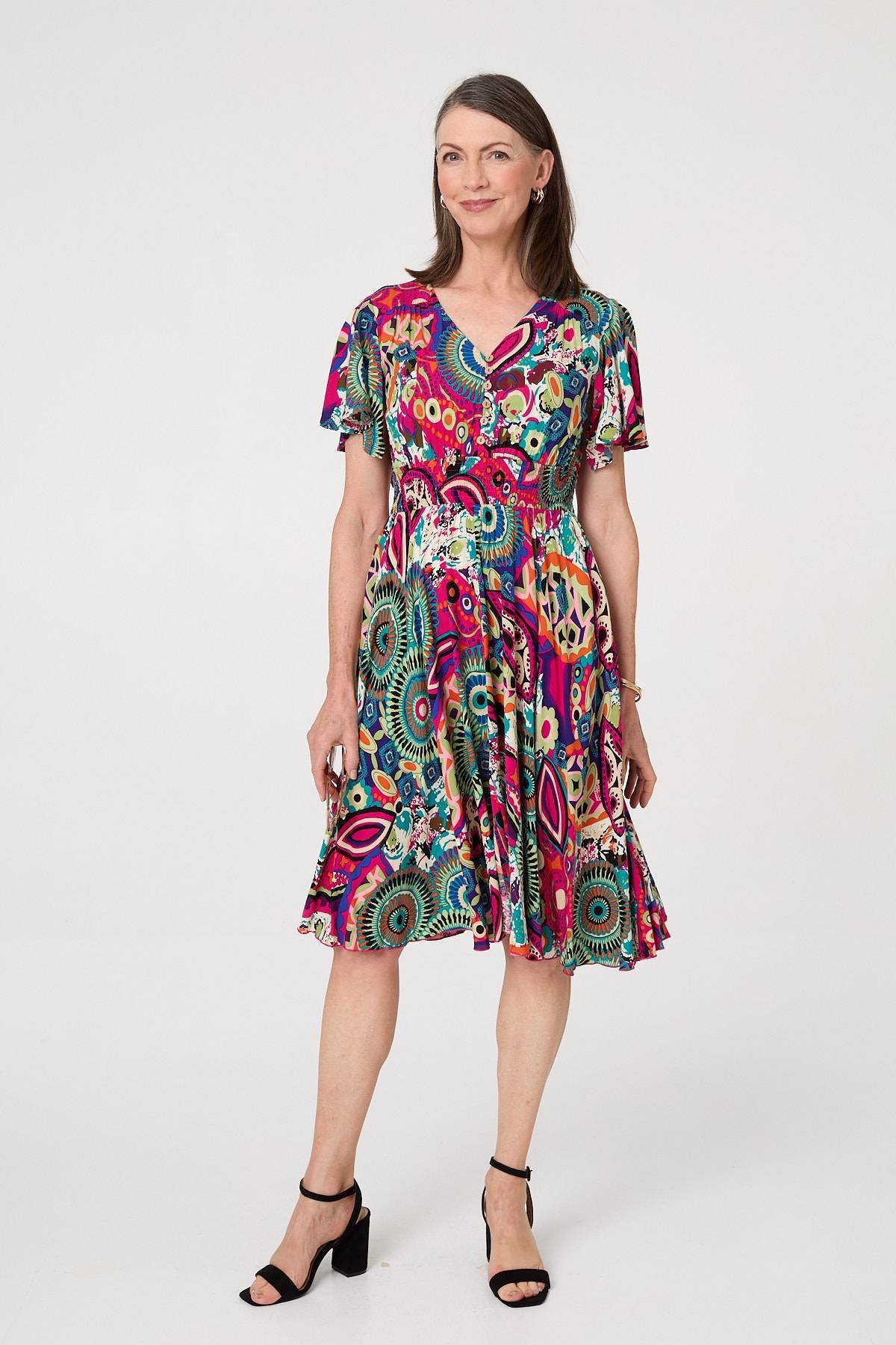 Abstract Print V-Neck Knee Length Dress - Image 4