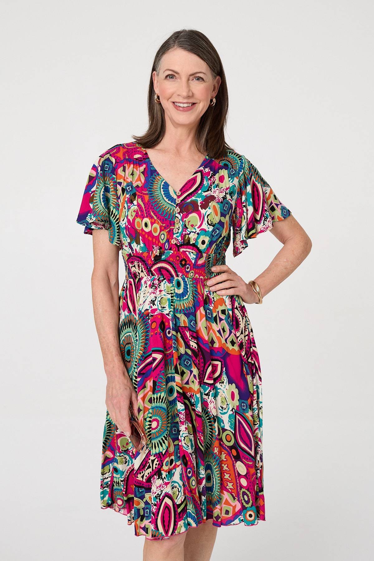 Abstract Print V-Neck Knee Length Dress