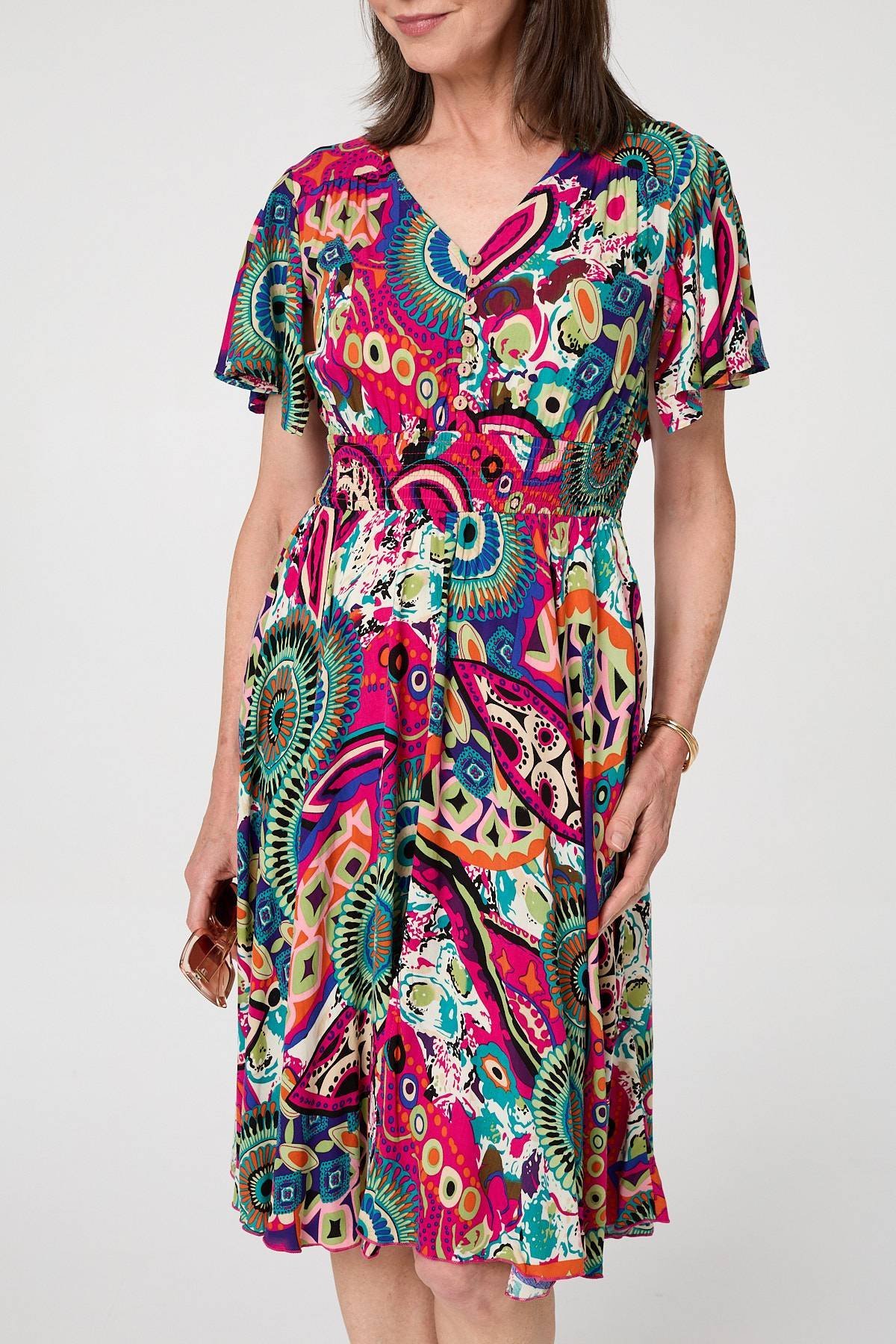 Abstract Print V-Neck Knee Length Dress - Image 6