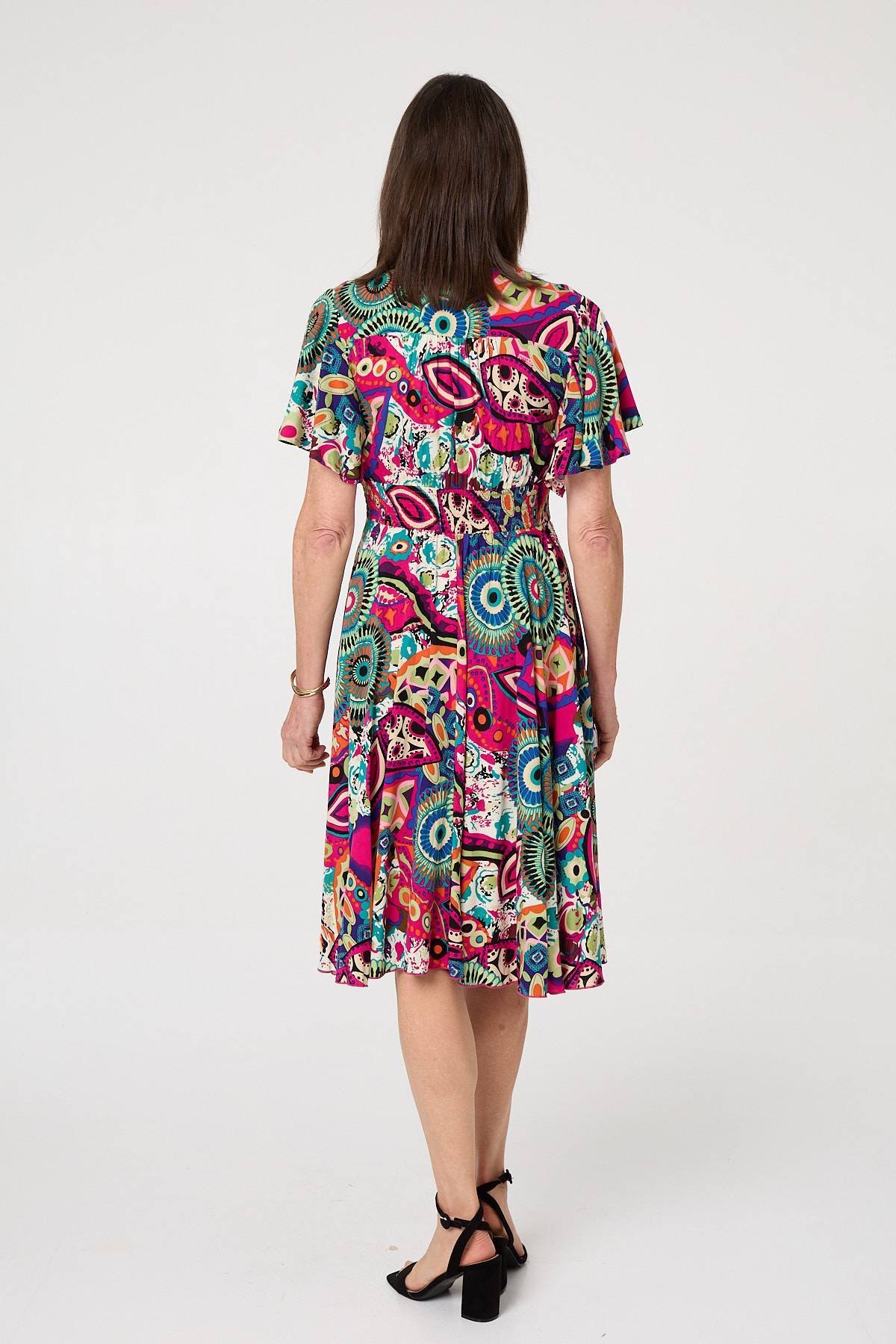 Abstract Print V-Neck Knee Length Dress - Image 3