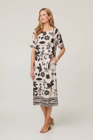 Printed 1/2 Sleeve Midi Shift Dress