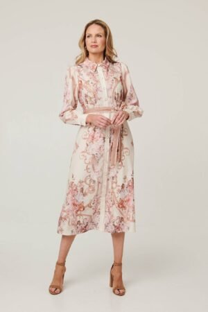 Floral Long Sleeve Tie Waist Midi Dress