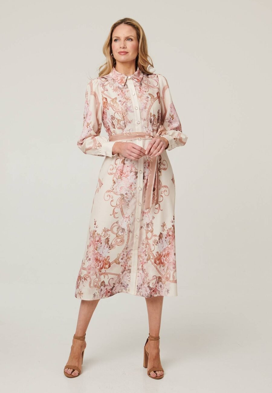 Floral Long Sleeve Tie Waist Midi Dress