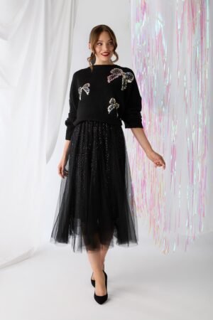Embellished Mesh Layer Midi Skirt