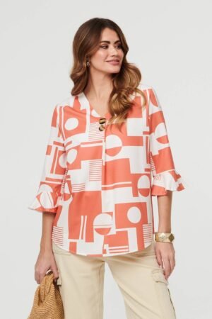 Geo Print 3/4 Flared Sleeve Blouse