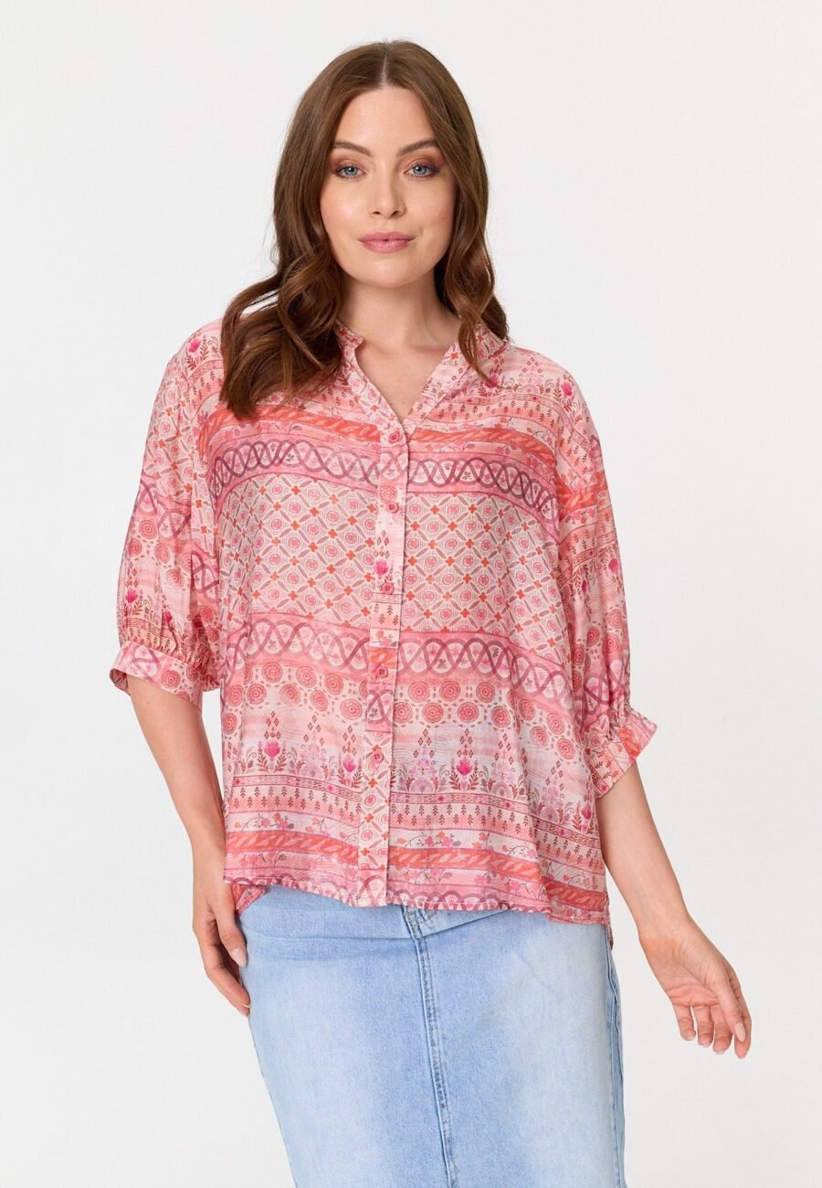 Abstract 3/4 Sleeve Relaxed Tunic Shirt